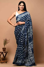 Navy Blue Traditional Linen Saree With Stylish Blouse Occasion Wear Special