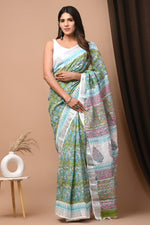 Green Linen Saree With Floral Print And Designer Blouse For Occasions
