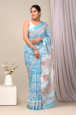 Partywear Linen Printed Saree With Beautiful Coordinated Blouse Design