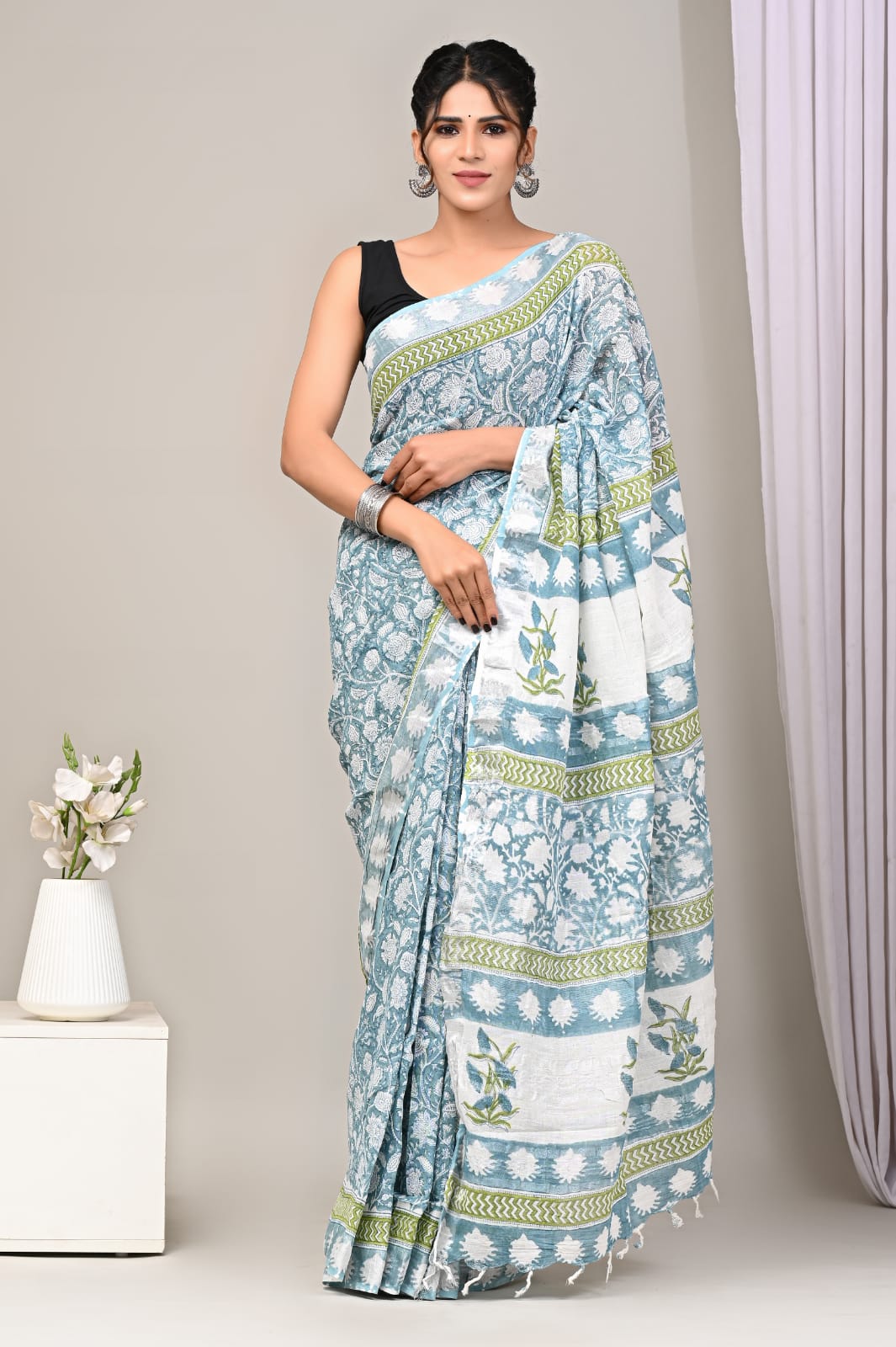 Trendy Printed Linen Saree For Women With Matching Occasion Blouse
