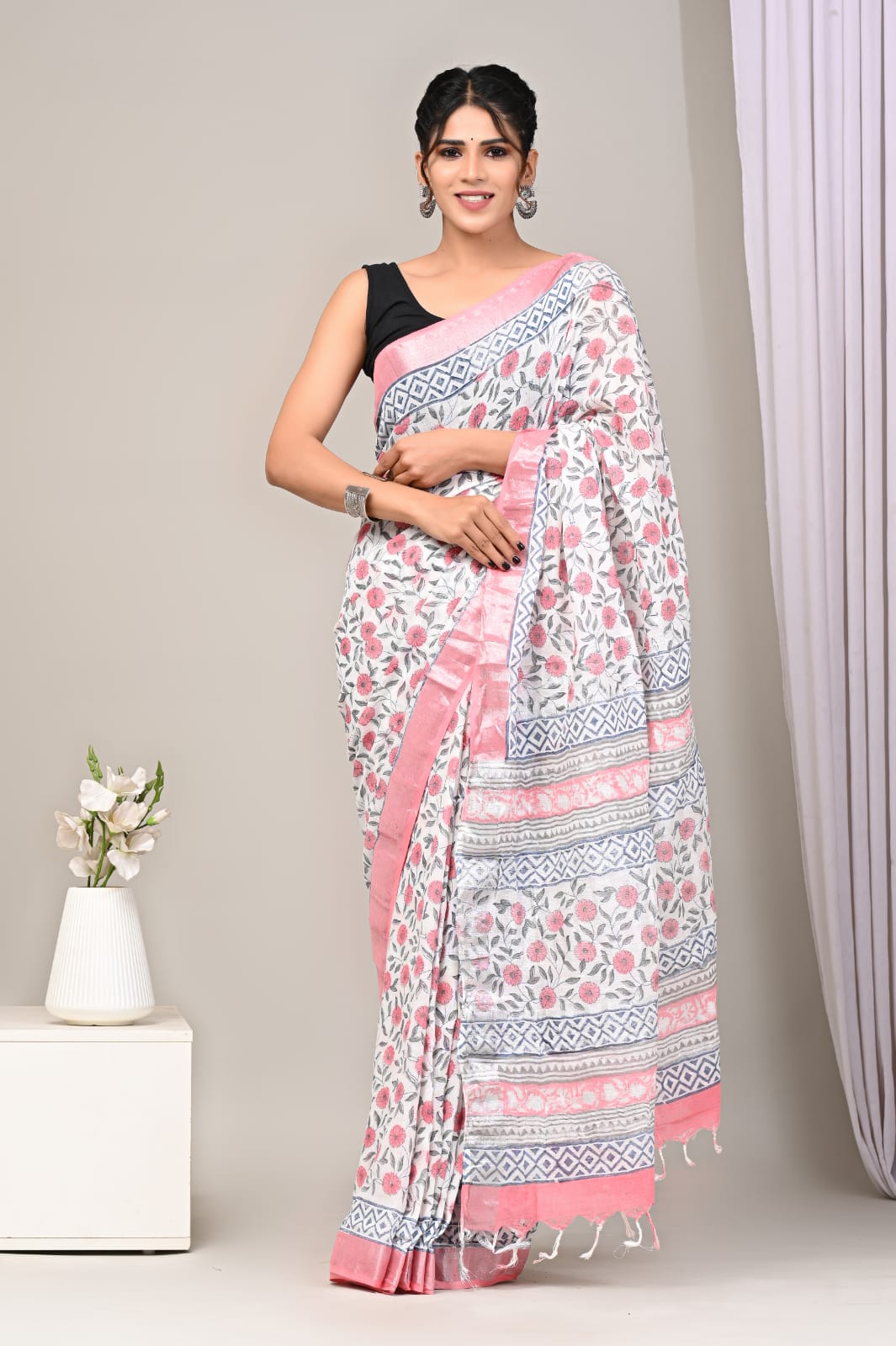 Modern Pure Linen Saree With Classic Prints And Designer Blouse Finish