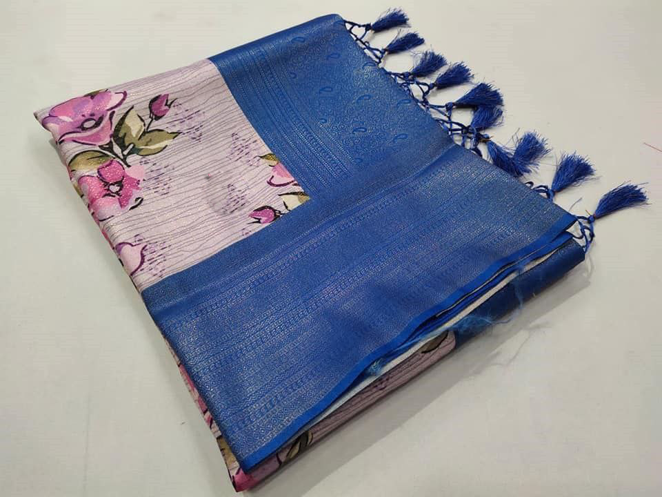 Blue Printed Silk Saree Traditional Look With Modern Digital Touch