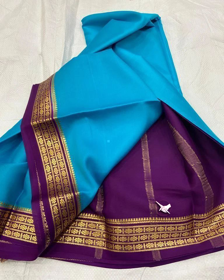 Classic Blue And Purple Soft Mysore Silk Saree With Golden Zari Border