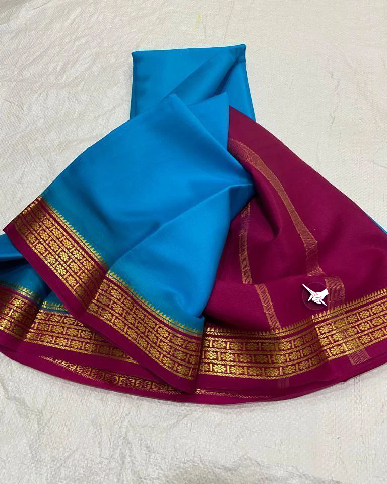 Zari Border Rama And Pink Mysore Silk Saree With To Stitch Blouse Material