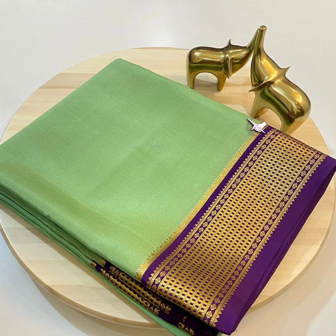 Subtle Green And Purple Mysore Silk Saree With Elegant Zari Lining