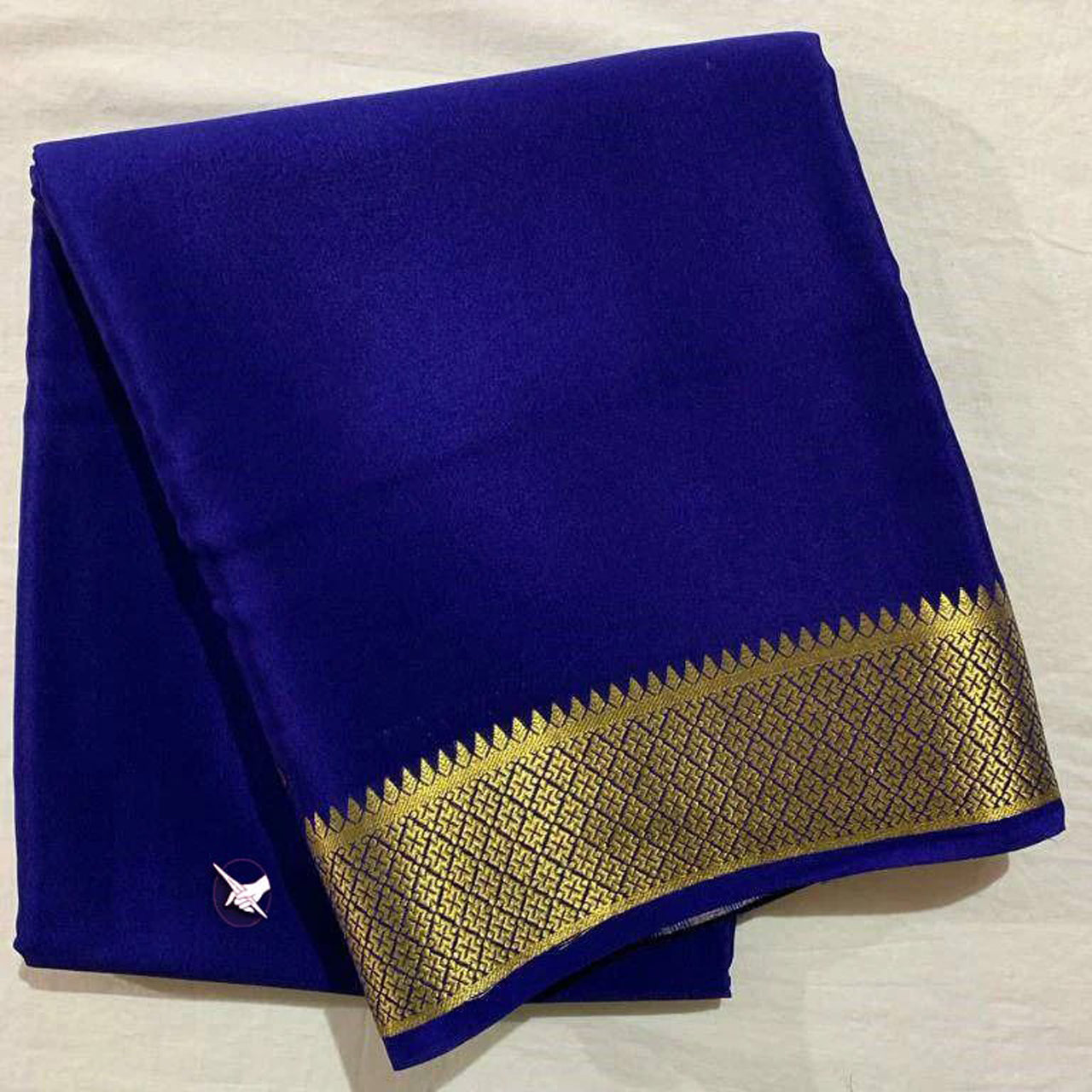 Beautiful Dark Royal Blue Mysore Crepe Silk Zari Border Work Saree