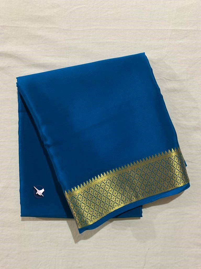Dazzling Blue Mysore Silk Saree With Designer Blouse And Gold Zari Work