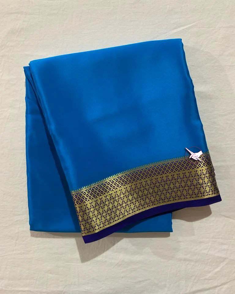 Traditional Blue And Purple Plain Mysore Silk Saree With Rich Zari Edges