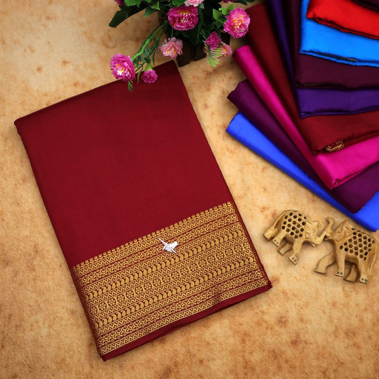 Gorgeous Red Traditional Mysore Crepe Silk Zari Work Saree