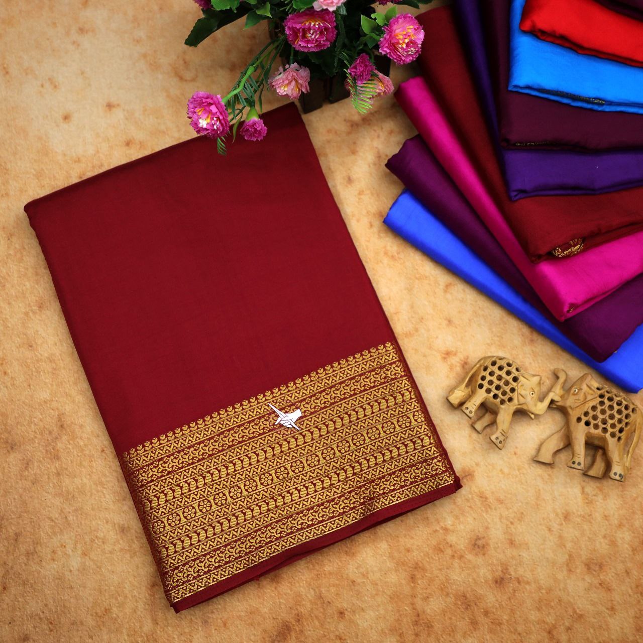 Elegant Maroon Mysore Soft Silk Plain Saree With Traditional Zari Border And Blouse