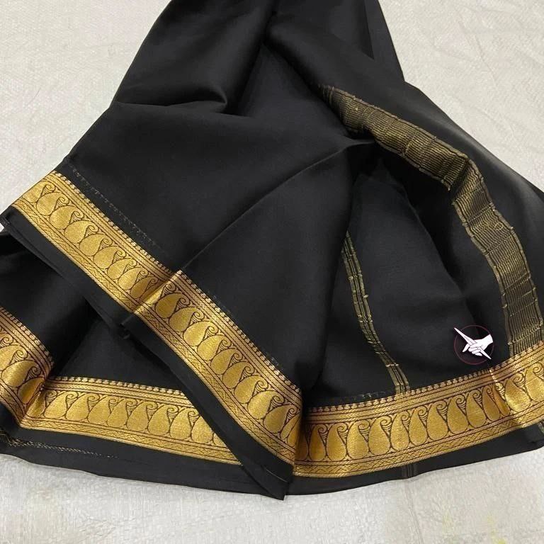 Plain Black Traditional Mysore Silk Saree With Fancy Blouse Piece