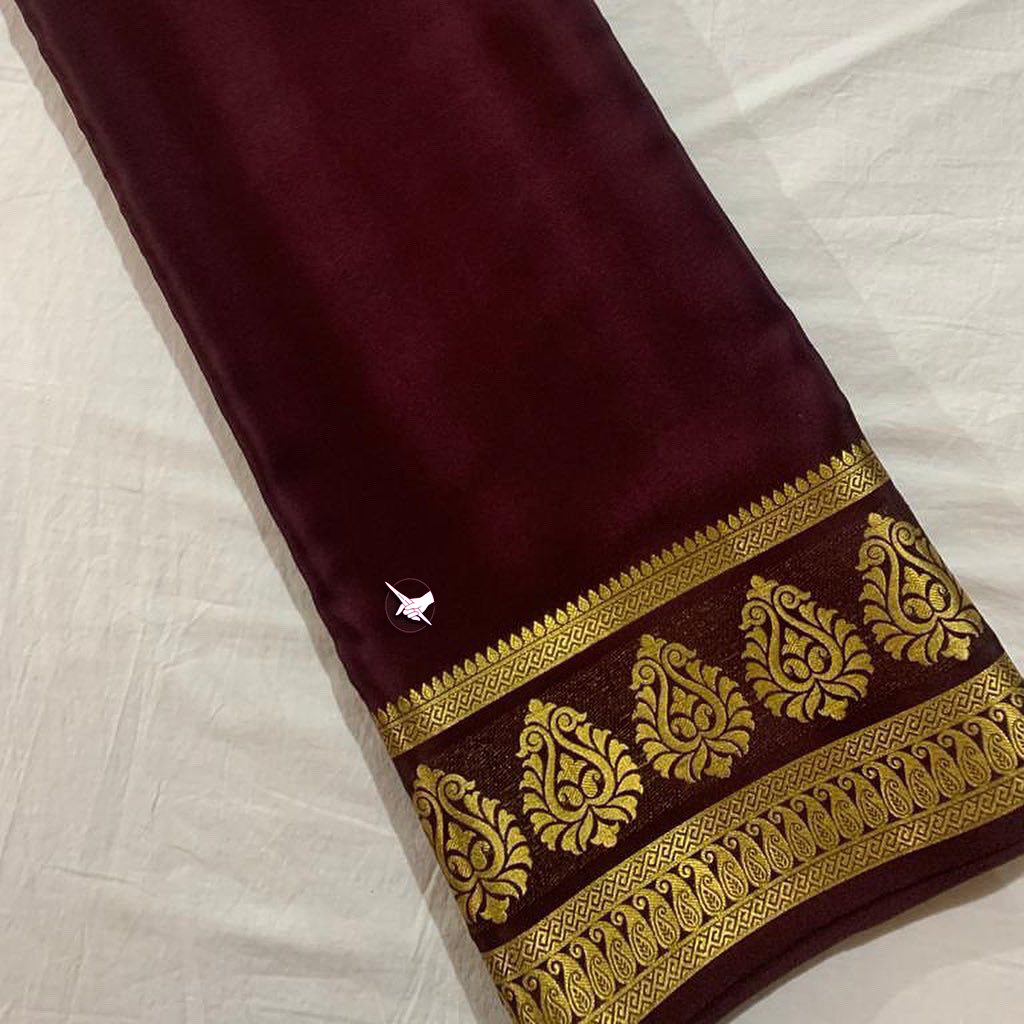 Elegant Brown Mysore Soft Silk Saree With Zari Border And Designer Blouse