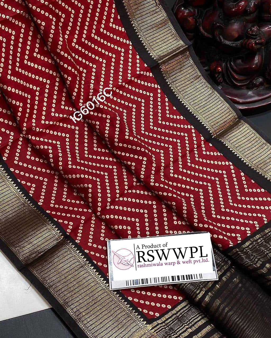 Premium Soft Silk Red Saree Ikat Style Digital Print Work