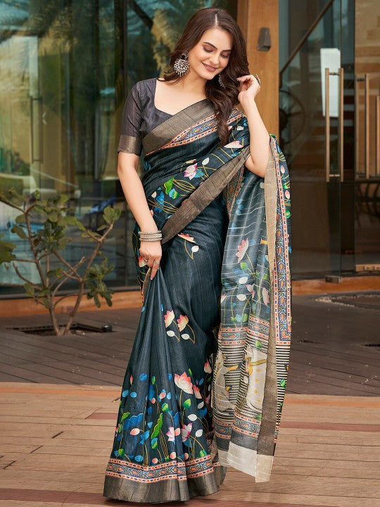 Grey Ethnic Wedding Saree Pure Soft Art Silk With Pattu Print