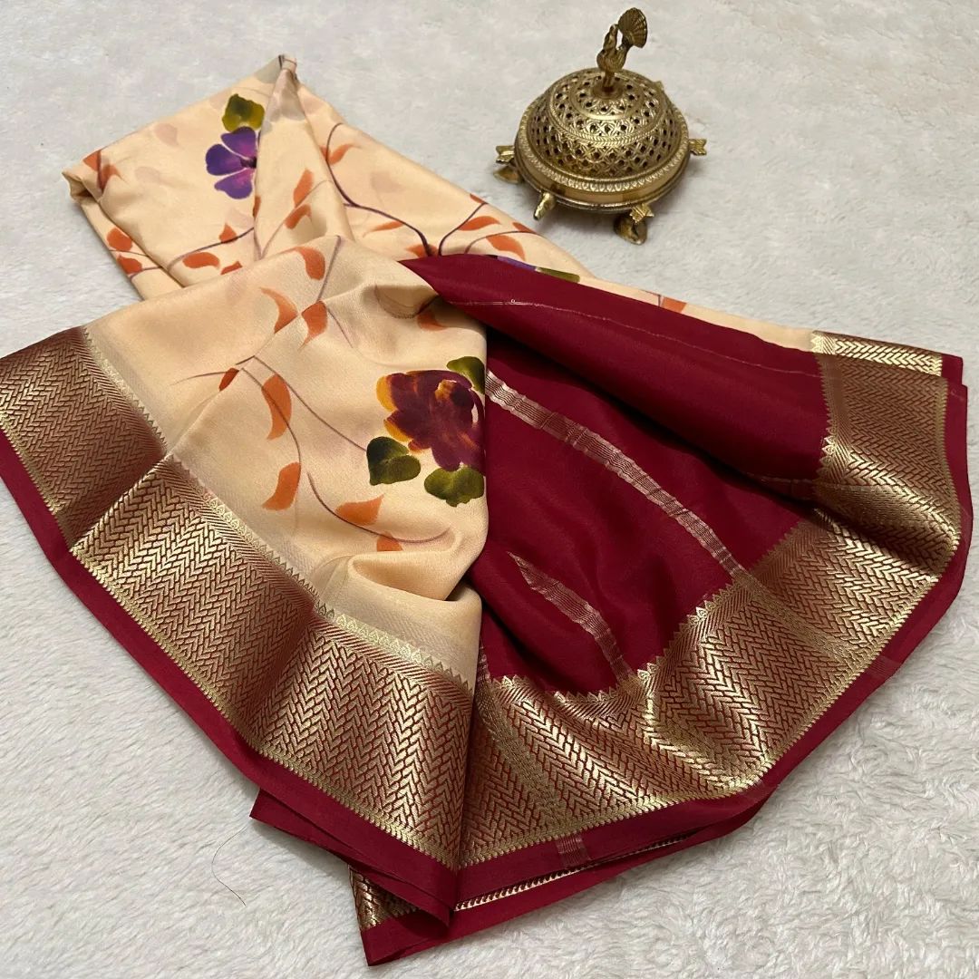 Pure Mysore Crepe Silk Saree With Digital Print And Zari Border