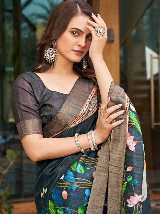 Grey Ethnic Wedding Saree Pure Soft Art Silk With Pattu Print