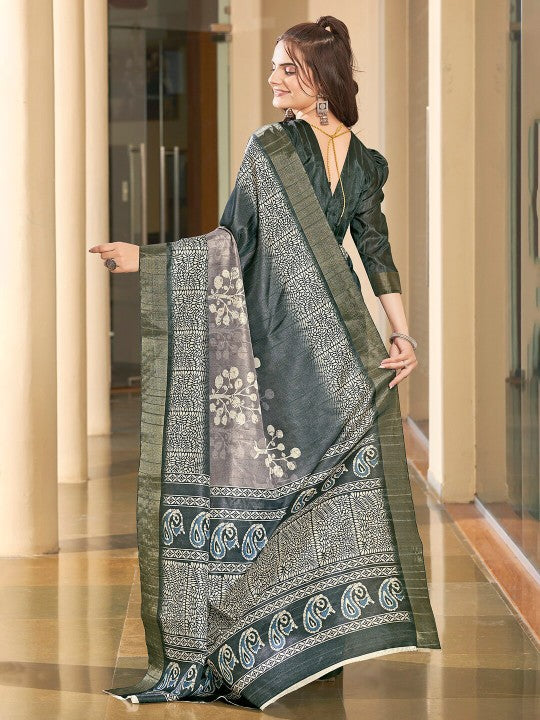 Printed Designer Saree Dark Green Pure Art Silk With Traditional Pattu Look