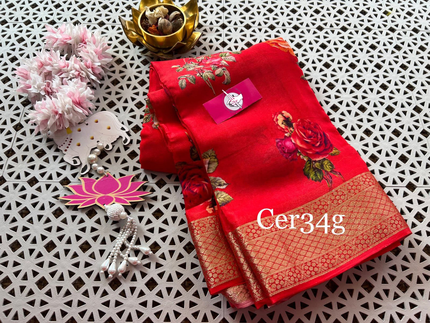 Trendy Red Soft Silk Saree With Ethnic Digital Prints For Daily Elegance