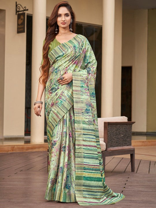 Wedding Party Art Silk Saree Green Handloom Designer Pattu Print