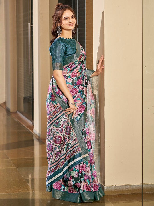 Premium Blue Pattu Silk Saree Printed Handloom Art Silk Designer Drape
