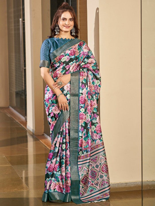 Premium Blue Pattu Silk Saree Printed Handloom Art Silk Designer Drape
