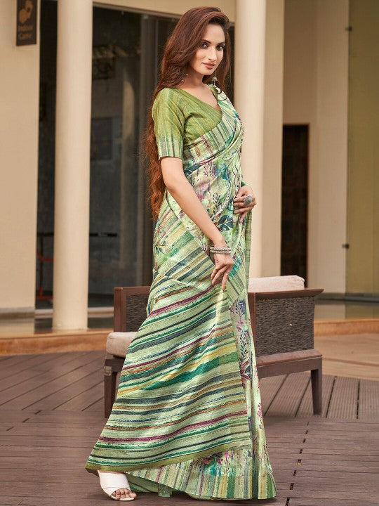 Wedding Party Art Silk Saree Green Handloom Designer Pattu Print
