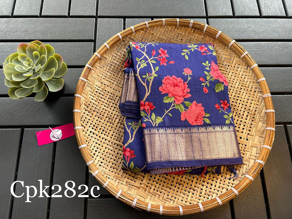 Chic Blue Soft Silk Saree With Intricate Digital Prints And Classic Zari Border