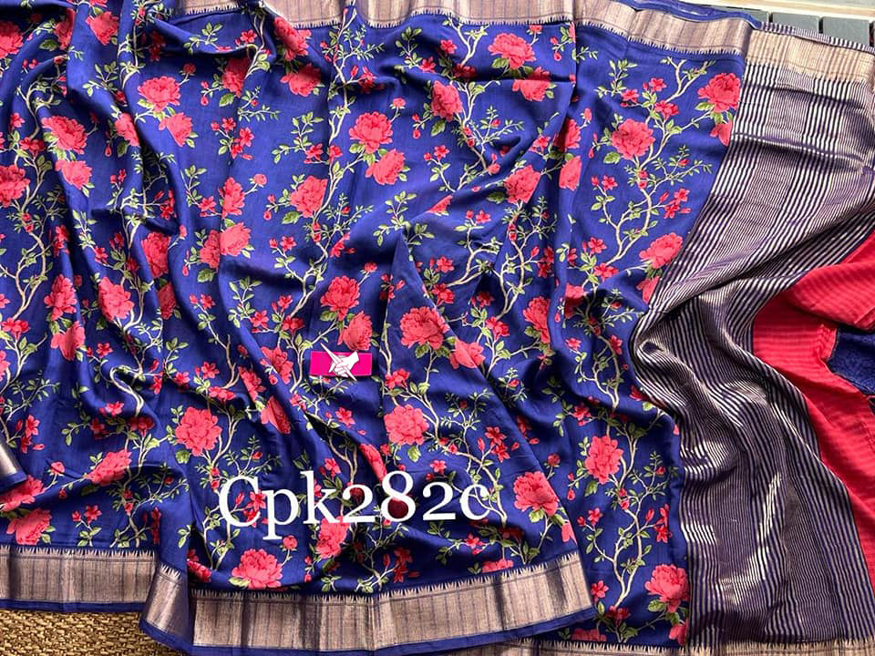 Chic Blue Soft Silk Saree With Intricate Digital Prints And Classic Zari Border