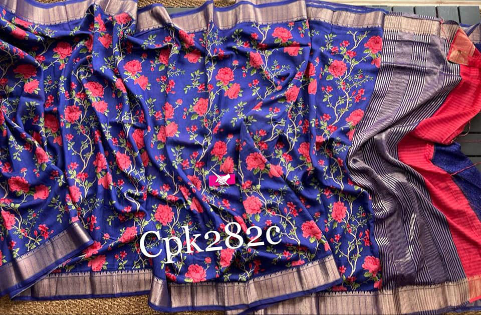 Chic Blue Soft Silk Saree With Intricate Digital Prints And Classic Zari Border