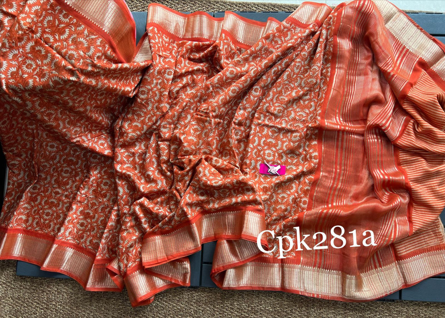 Vibrant Orange Soft Silk Saree With Artistic Digital Design And Fancy Edge