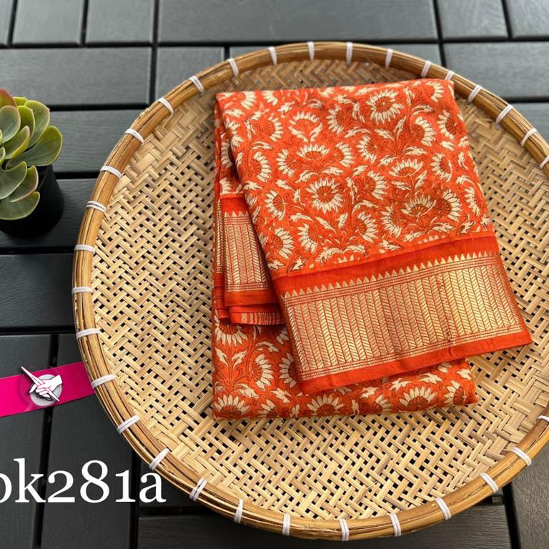 Orange Banarsi Handloom pattu Tissue Silk Saree