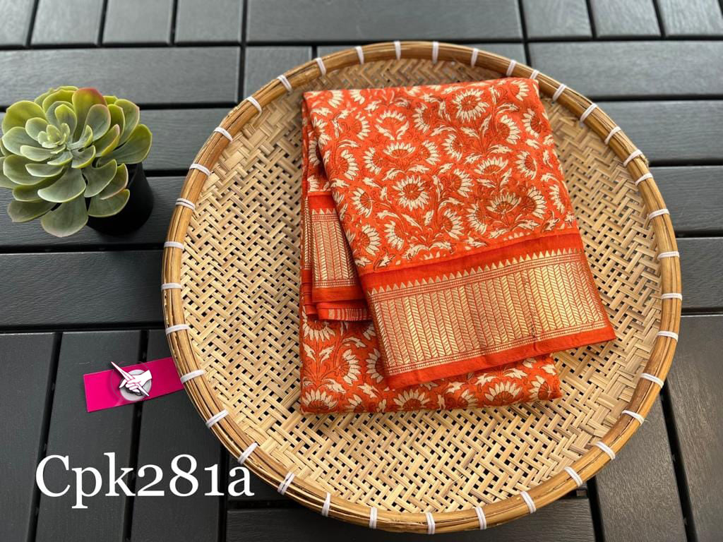 Vibrant Orange Soft Silk Saree With Artistic Digital Design And Fancy Edge