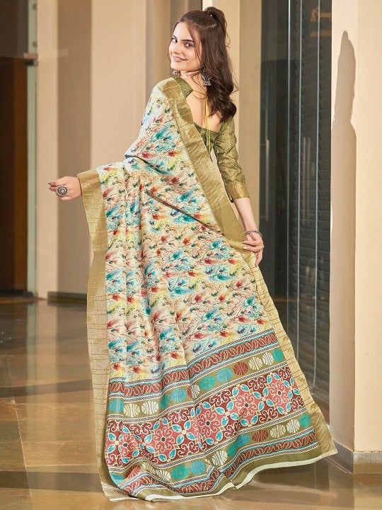Handwoven Art Silk Saree Green Soft Pattu Print Designer Festive Style
