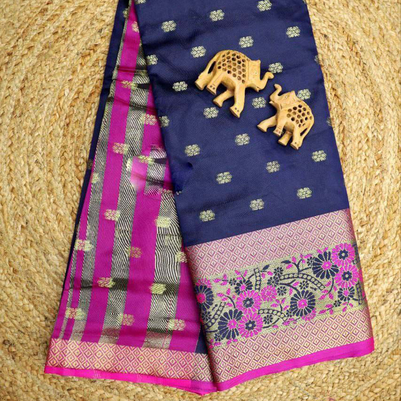 Navy Blue Weaving Work Silk Saree Korvai Style Perfect For Sangeet And Reception