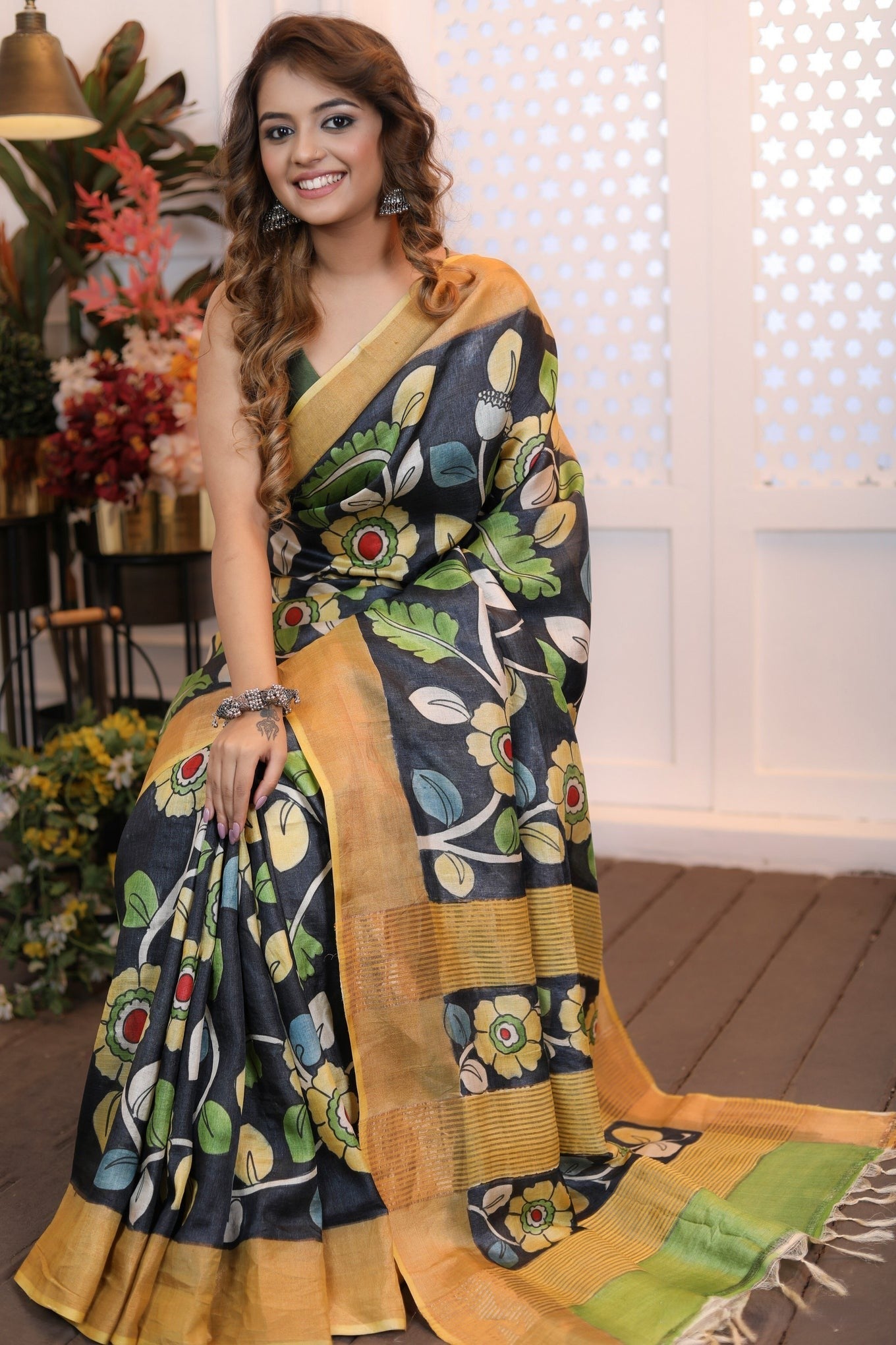 Occasion Ready Kalamkari Tussar Silk Saree with Trendy Contrast Blouse