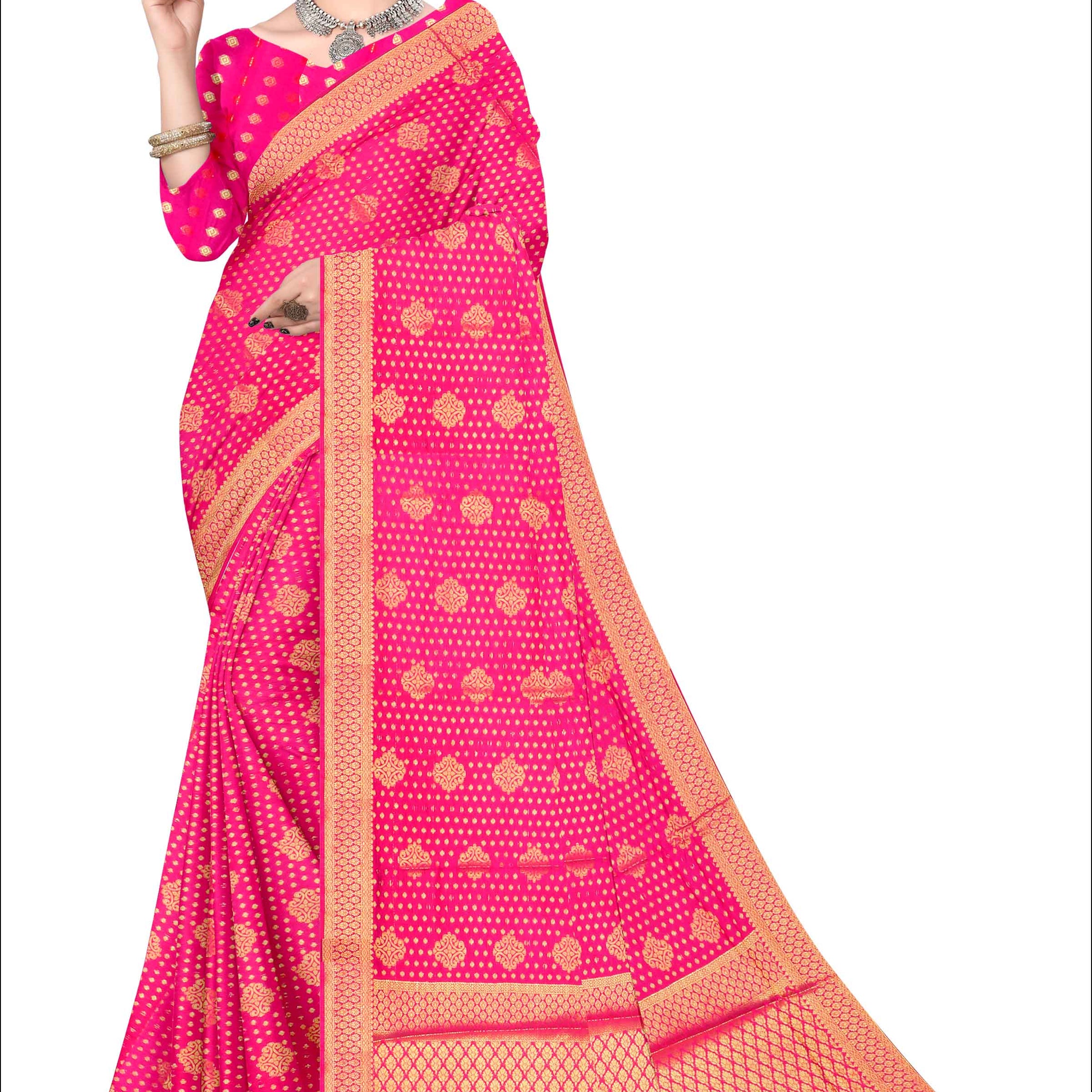 Golden Grace: Jaquard Silk Saree with Intricate Zari Work in Pink