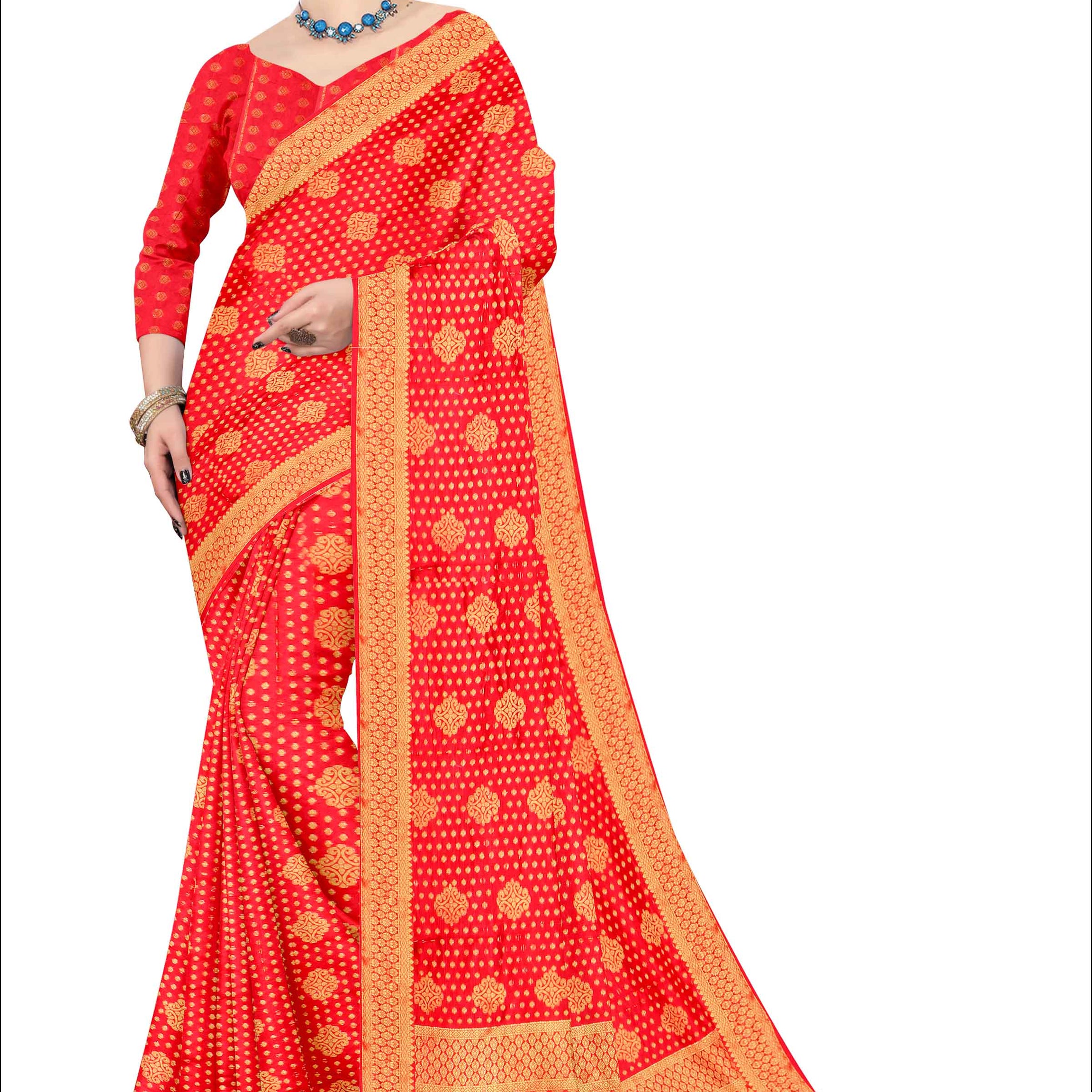 Golden Grace: Jaquard Silk Saree with Intricate Zari Work in Red