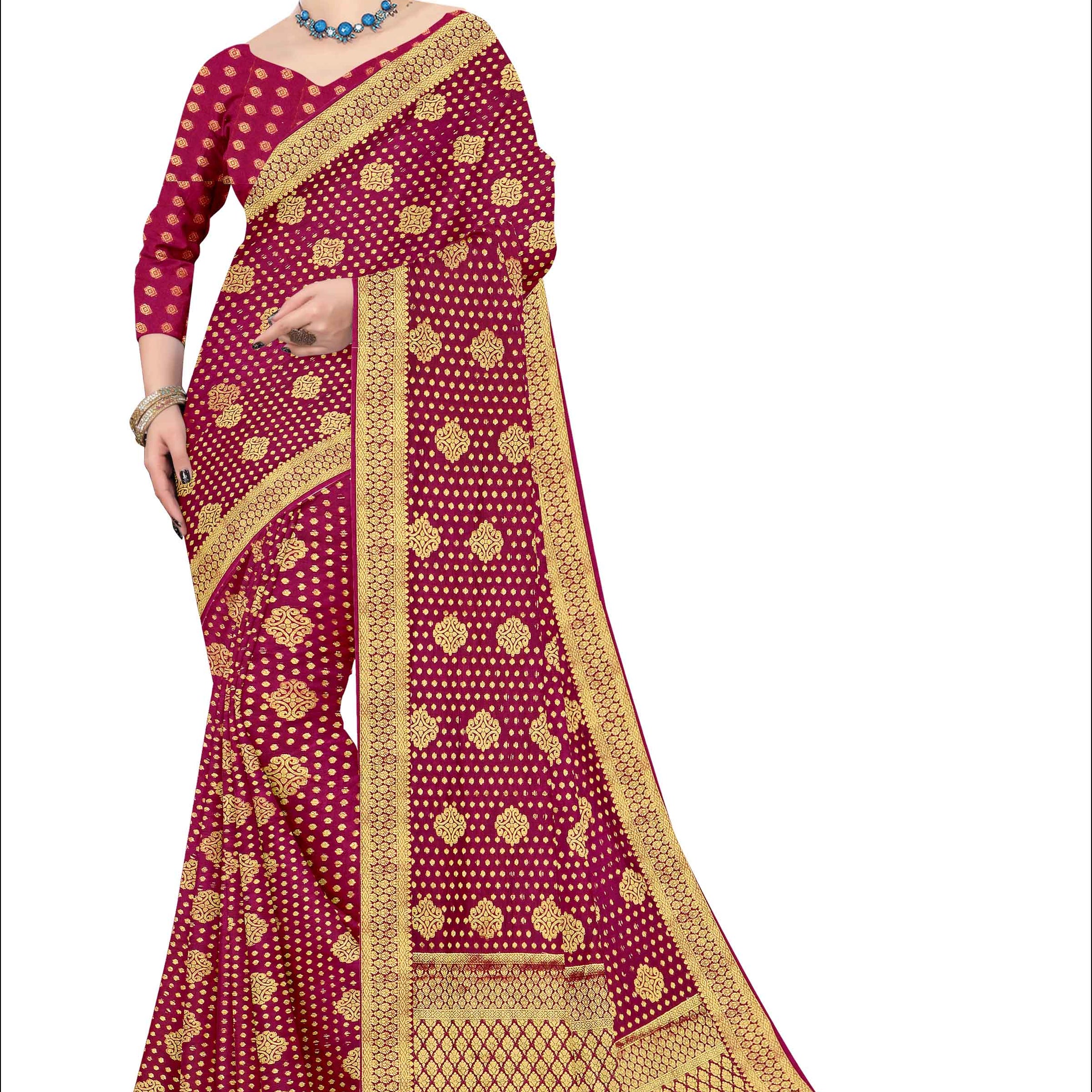 Golden Grace: Jaquard Silk Saree with Intricate Zari Work in Maroon