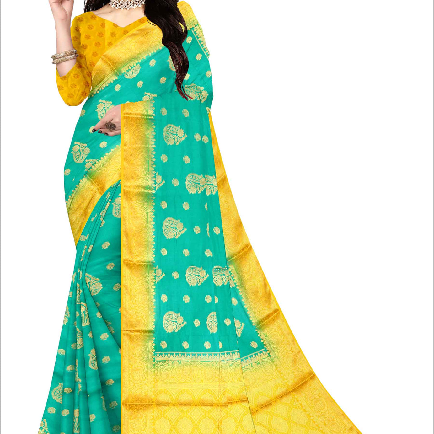 Golden Grace: Jaquard Silk Saree with Intricate Zari Work in Sea Green