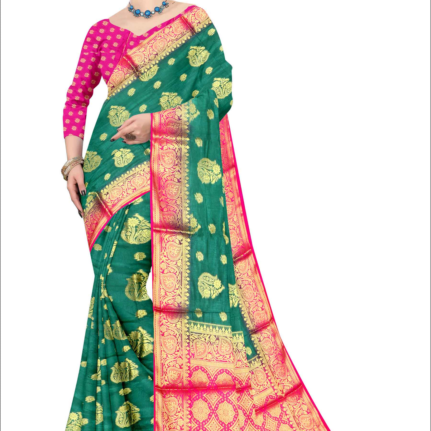 Golden Grace: Jaquard Silk Saree with Intricate Zari Work in Dark Green