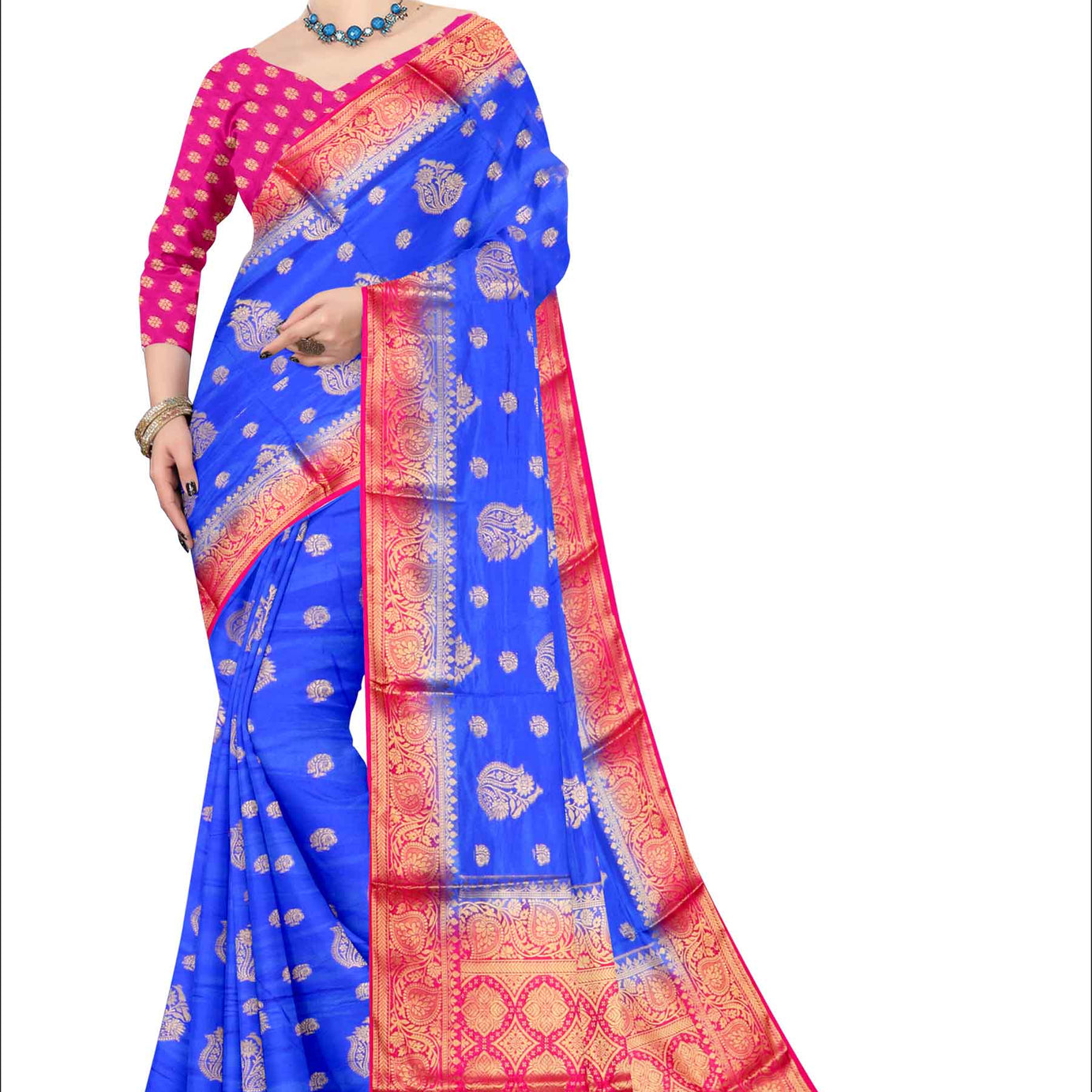 Golden Grace: Jaquard Silk Saree with Intricate Zari Work in Dark blue