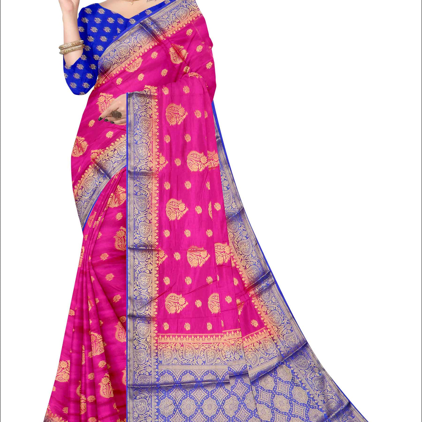 Golden Grace: Jaquard Silk Saree with Intricate Zari Work in Dark Pink