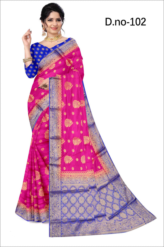 Golden Grace: Jaquard Silk Saree with Intricate Zari Work in Dark Pink