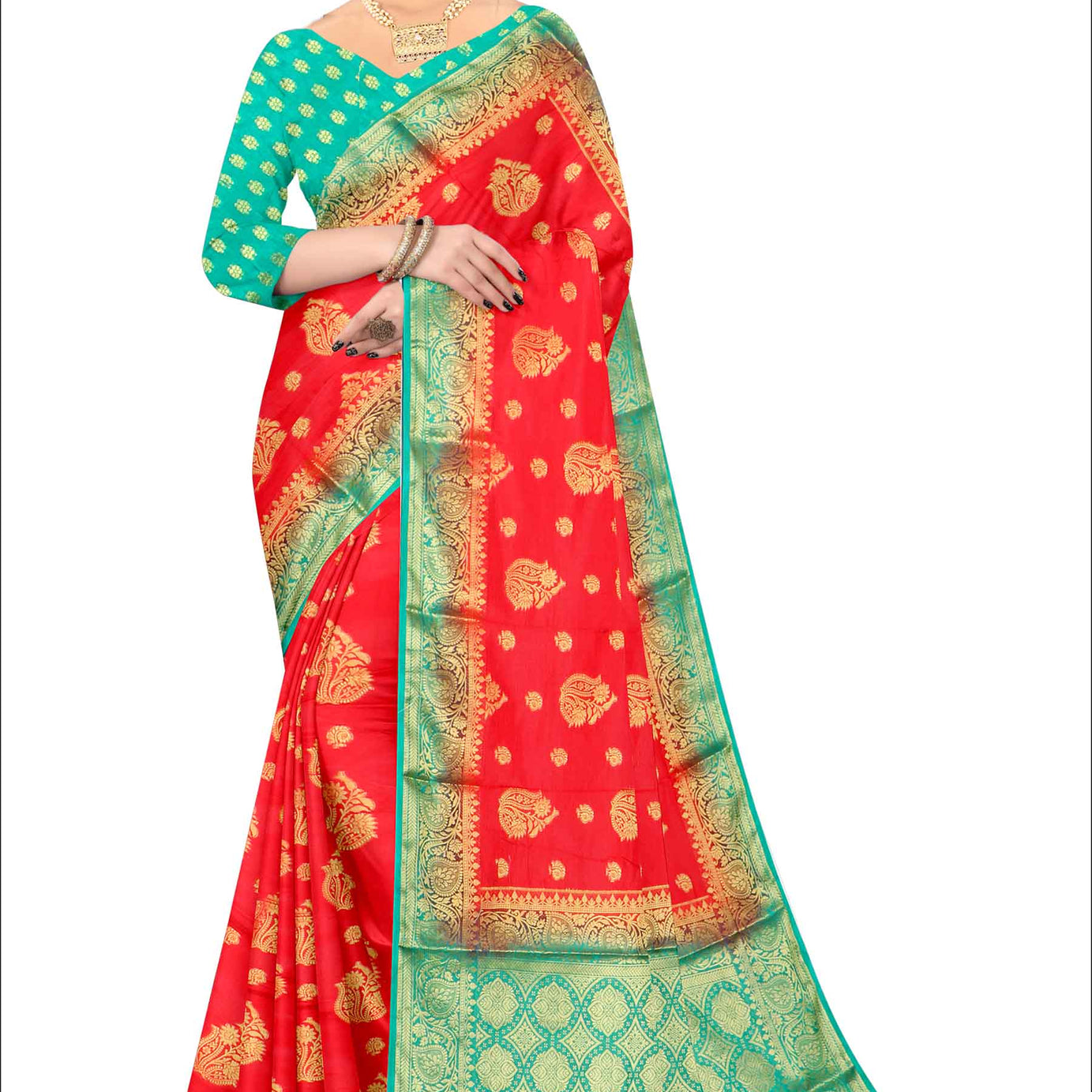 Golden Grace: Jaquard Silk Saree with Intricate Zari Work in Red