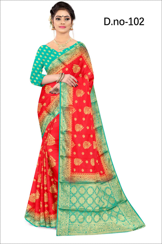 Golden Grace: Jaquard Silk Saree with Intricate Zari Work in Red