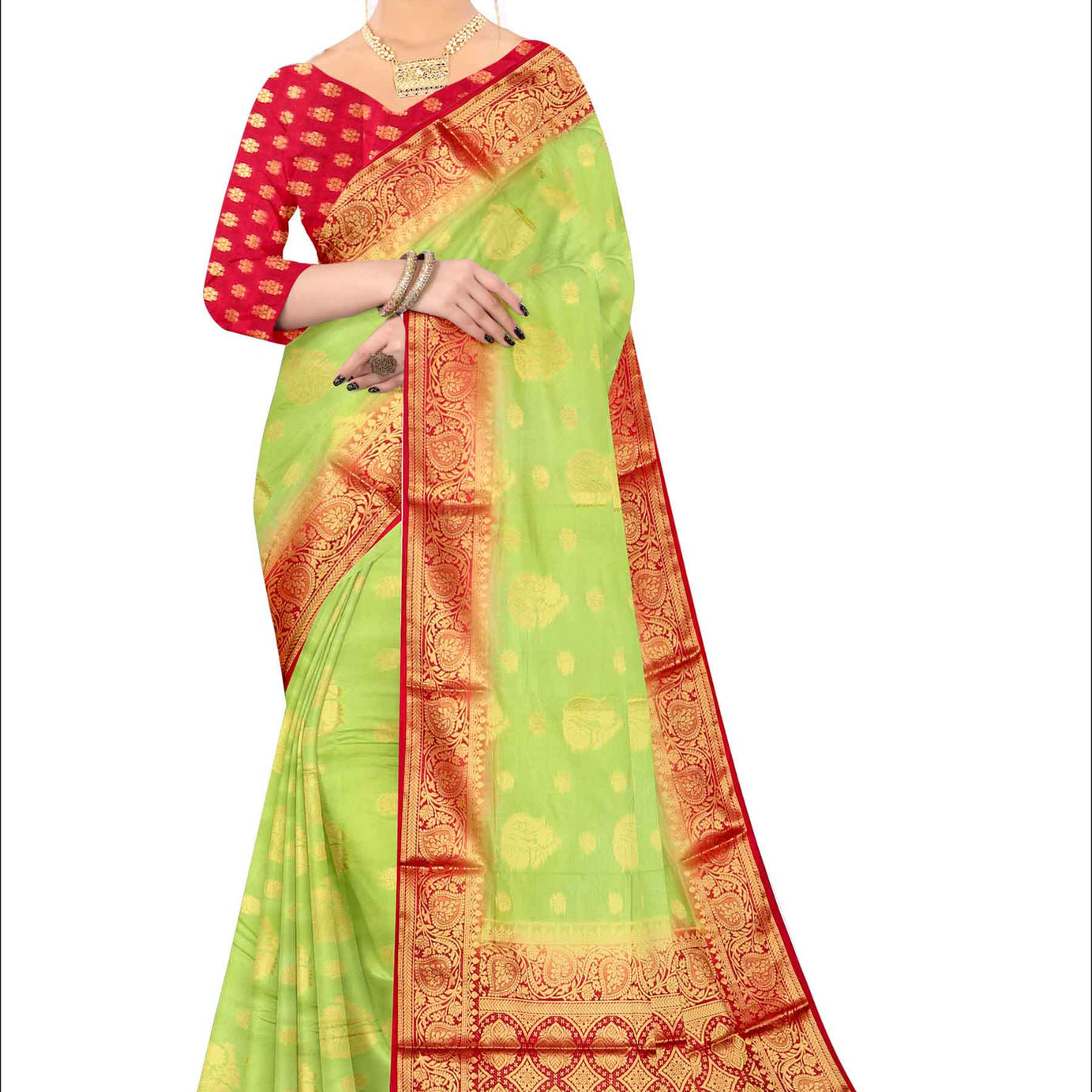 Golden Grace: Jaquard Silk Saree with Intricate Zari Work in Light Green