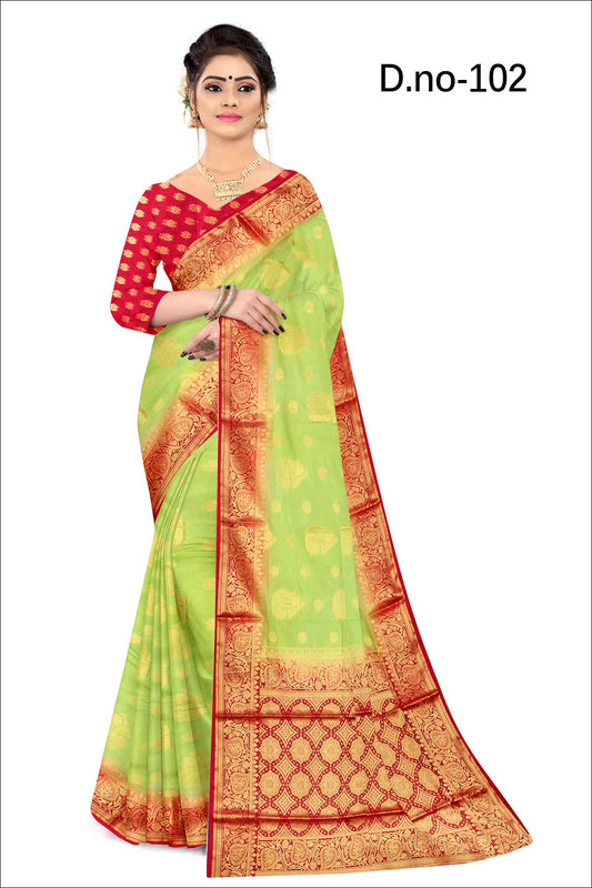 Golden Grace: Jaquard Silk Saree with Intricate Zari Work in Light Green