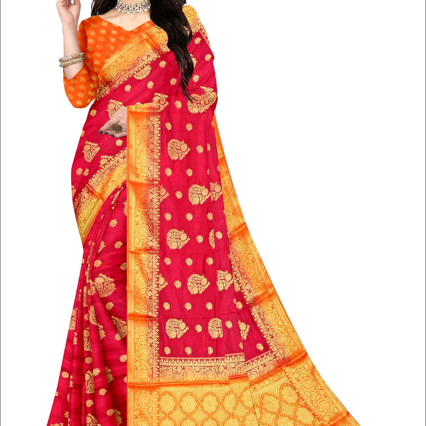 Golden Grace: Jaquard Silk Saree with Intricate Zari Work in Red