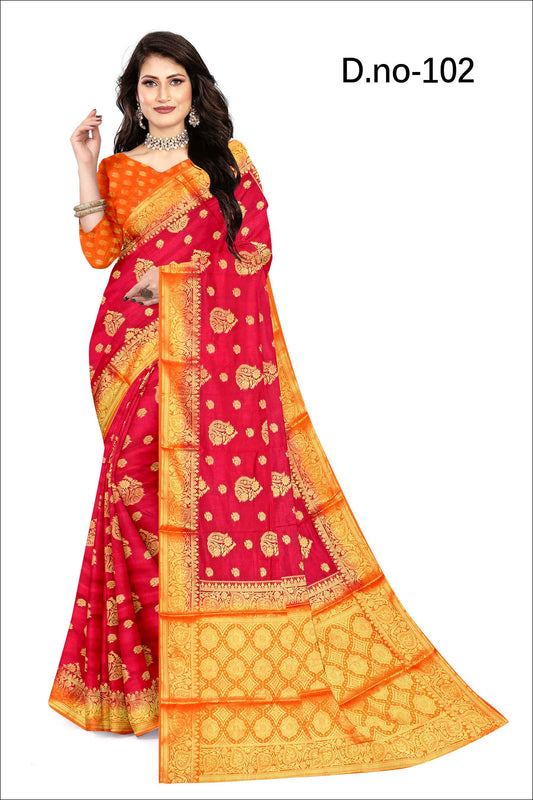 Golden Grace: Jaquard Silk Saree with Intricate Zari Work in Red