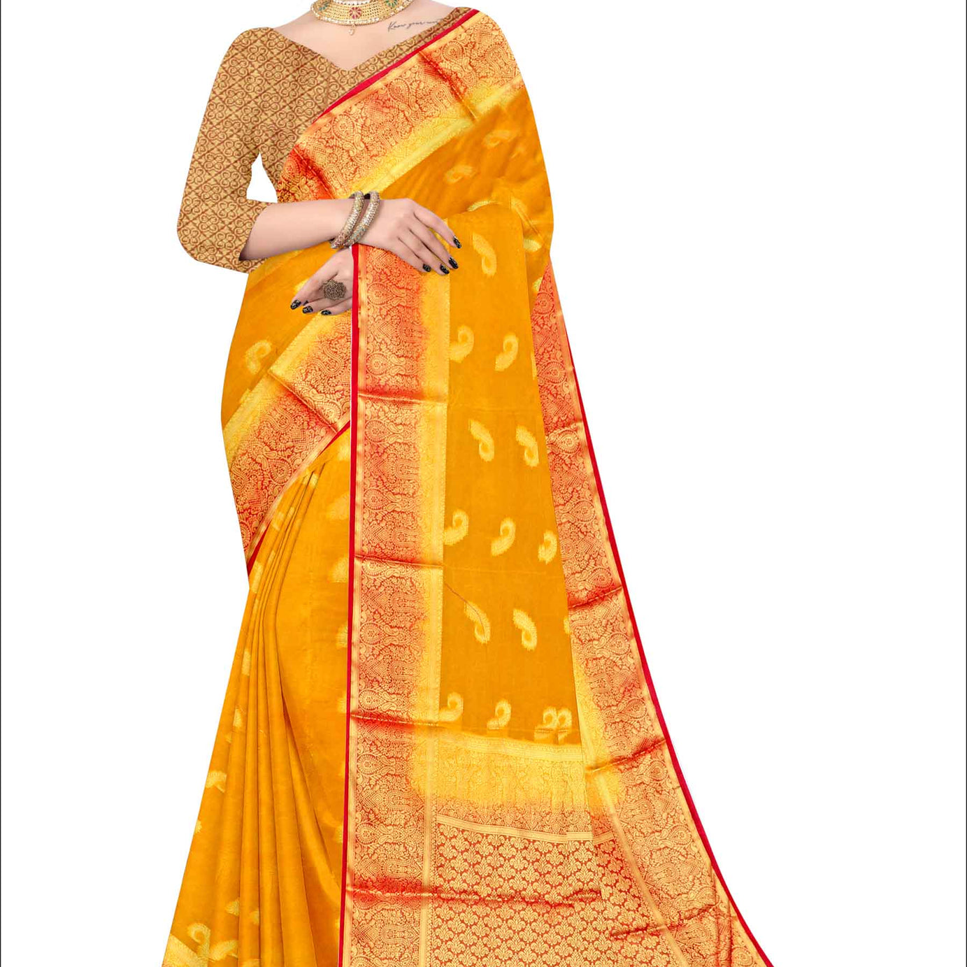 Golden Grace: Jaquard Silk Saree with Intricate Zari Work in Orange